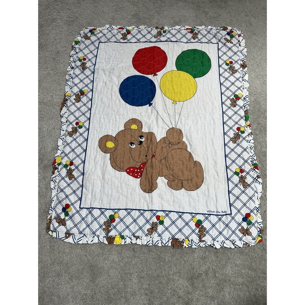 Vintage Thats Our Baby Teddy Bear Balloons Quilted Nursery Blanket Crib 42x32